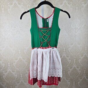 Oben Girl's German Dirndl Green Red White Detachable Apron Sleeveless Back Zip